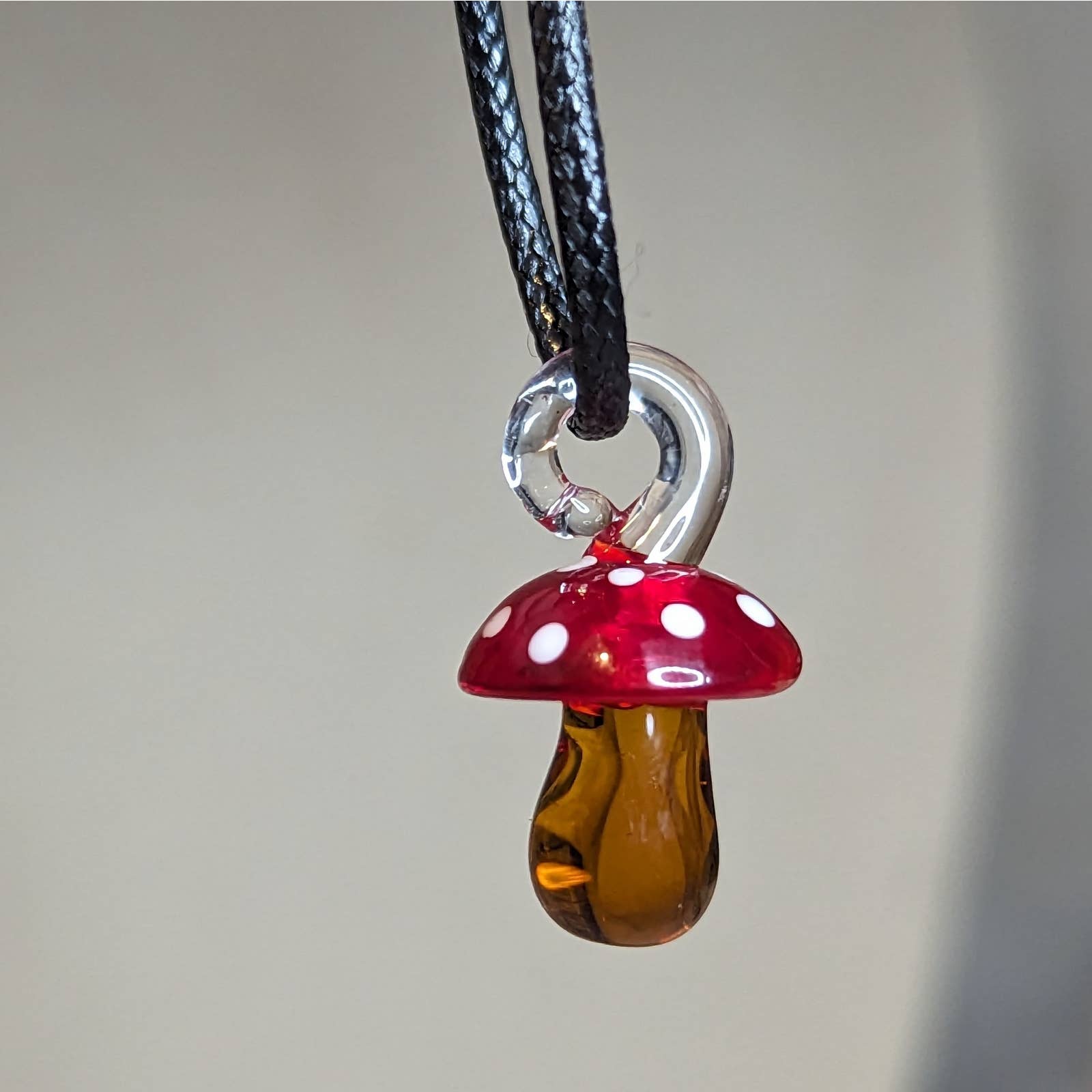 Glass Blow Mushroom Pendant Red And Brown Black Rope Cord 11$